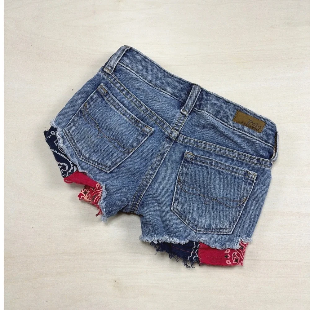 Polo Ralph Lauren Girls 4T Bandana Paisley Frayed Denim Cut Off Shorts Blue Red